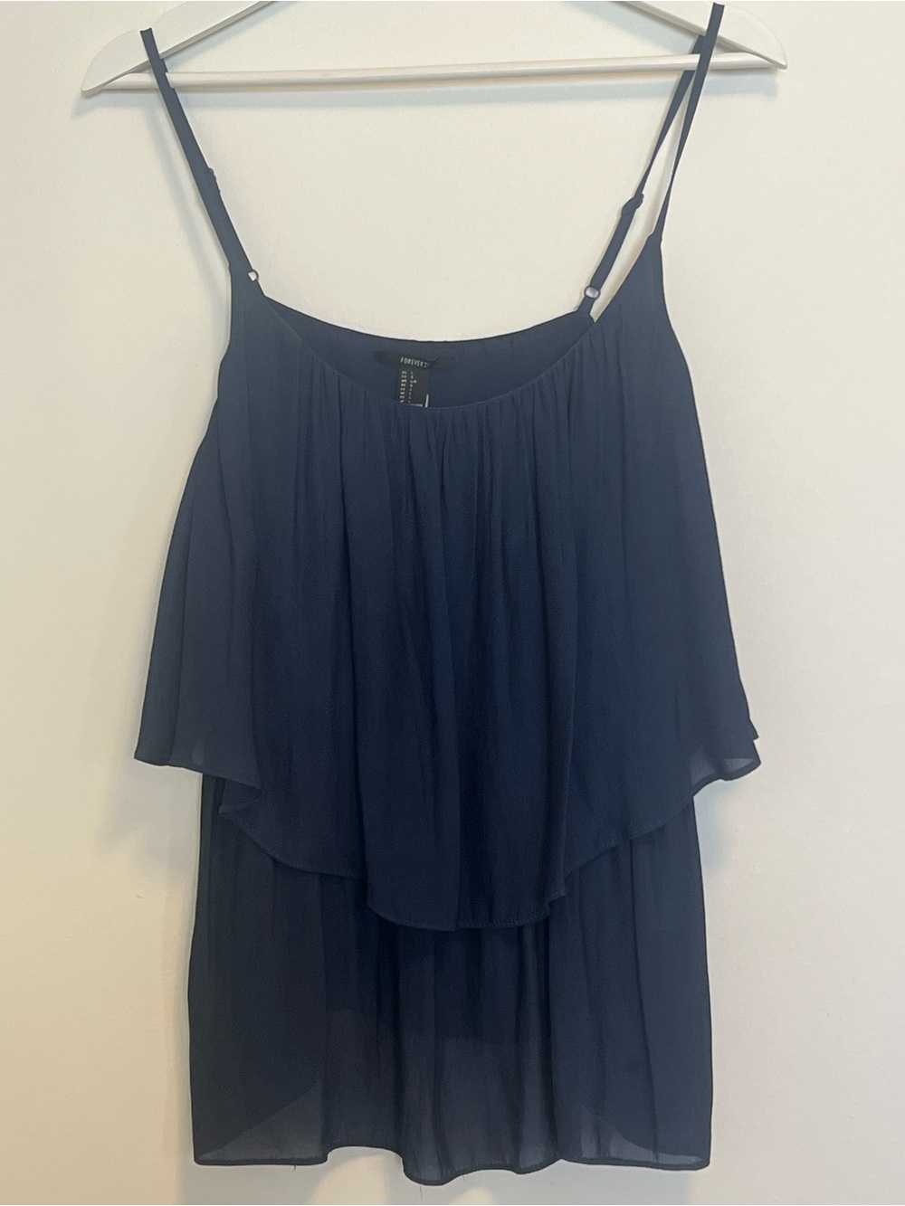 Forever 21 Navy Blue Tiered Ruffle Camisole Top Adjustable Straps Women Large